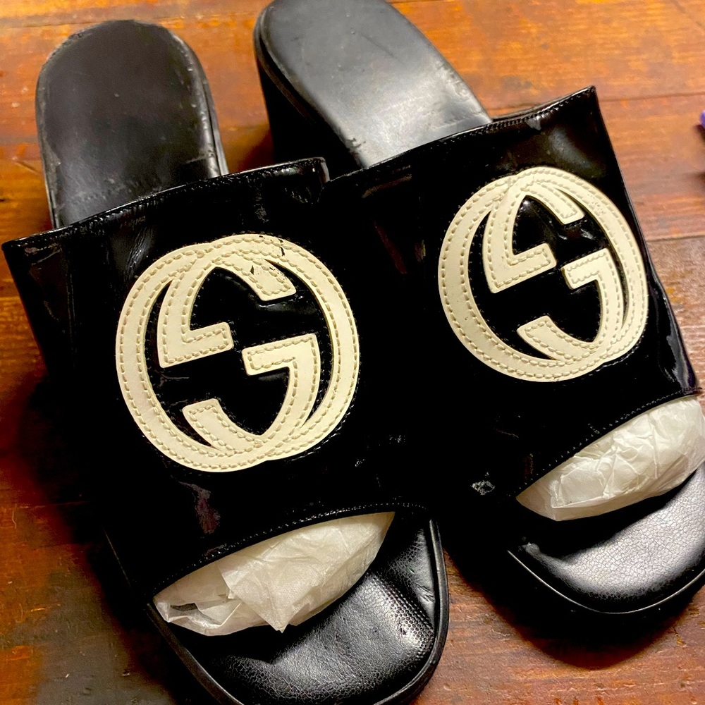 Gucci patent slides vacation and pool ready